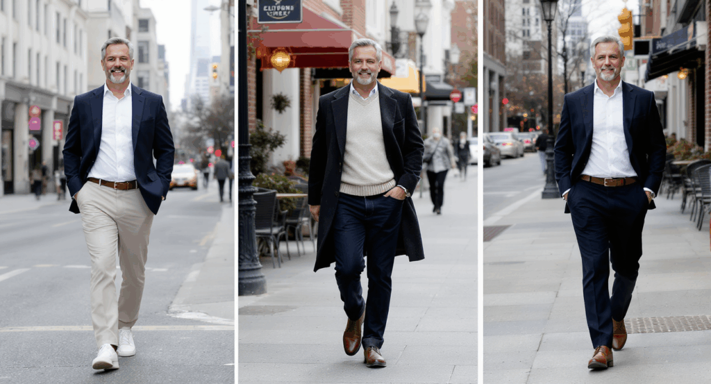 Style minimaliste elegant ou décontracté pour homme de plus de 45 ans.